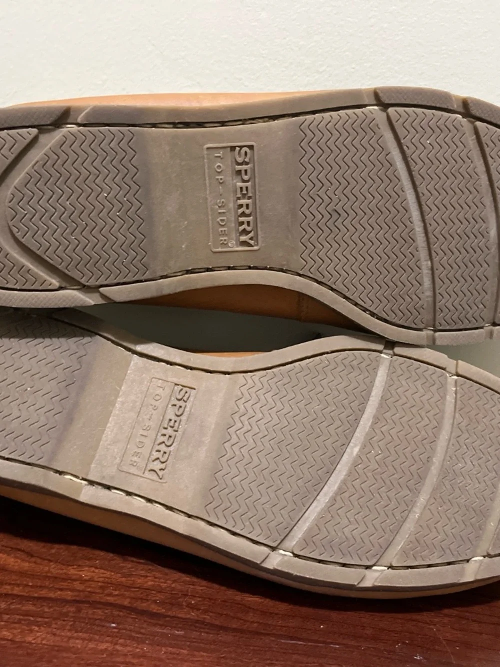 Sperry Tan Leather 2-Eye Boat Shoes with Gray Laces